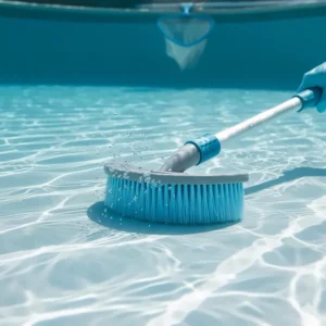 The durable pool wall brush for vinyl liner, fully submerged and ready for action to remove stubborn dirt before shocking the pool.