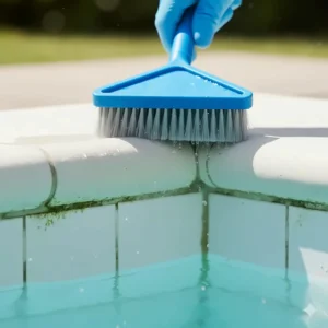 The unique triangular shape of the pool corner brush allowing it to fit snugly into 90-degree angles.
