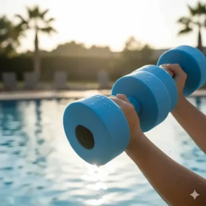 Close-up of blue foam water aerobics dumbbells being held by a user during a pool workout to build upper body strength.