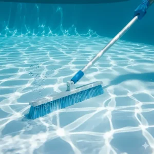 A wide-format pool wall brush designed for faster cleaning of large surface areas of a vinyl liner pool.