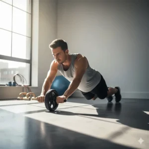 Man demonstrating the use of an ab wheel roller, a small piece of bodyweight fitness equipment designed for intense core and abdominal strengthening.
