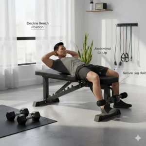 Illustration of a person performing sit-ups using the leg anchors on a decline home gym bench.