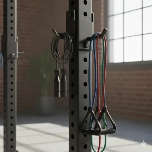 The side of a fitness equipment rack with integrated accessory hooks for hanging jump ropes and resistance bands.