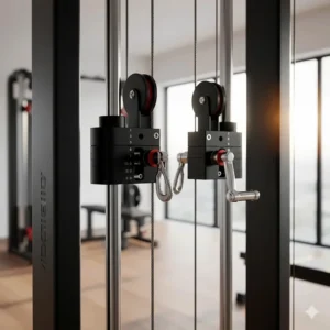 Detailed view of the dual adjustable pulley system on a professional grade all in one home gym.