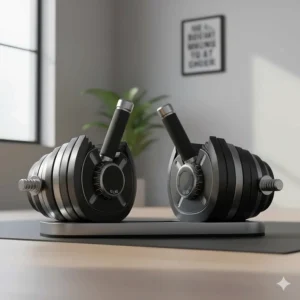 A pair of space-saving adjustable dumbbells, an essential free weight for a compact home gym.