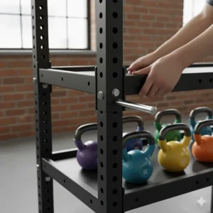 Detailed view of the adjustable shelves on a modular fitness equipment rack being set for kettlebell storage.