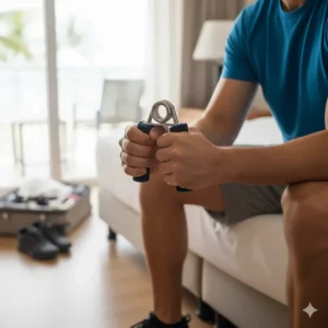 An ergonomic, adjustable hand grip trainer being held, which is effective for strengthening forearms and is extremely compact travel fitness gear.