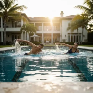 Two adults doing a swimming lap race for a competitive and fitness-focused pool game.