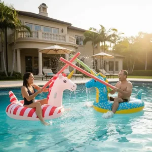 Two adults sitting on large, inflatable mounts and trying to knock each other off using colorful pool noodles for a fun jousting game.