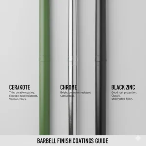 Visual guide showing different barbell finishes like Cerakote, Chrome, and Black Zinc for rust resistance.