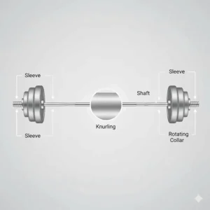 Diagram showing the sleeve, shaft, and knurling of a standard Olympic barbell for home use.