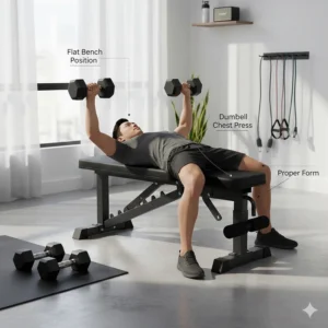 Illustration of a user performing a dumbbell chest press on a flat home gym bench.