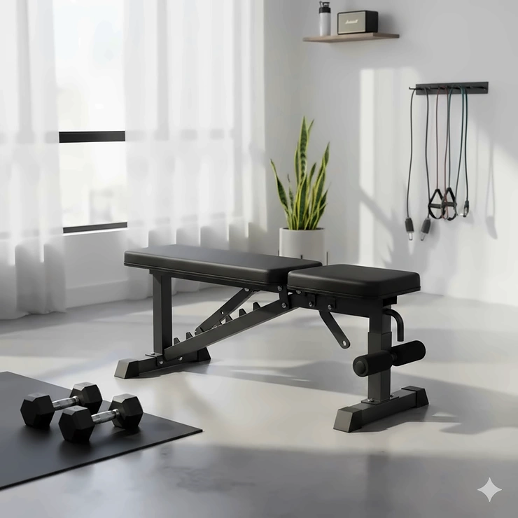 A versatile adjustable home gym bench set up in a modern sunlit room with dumbbells nearby.
