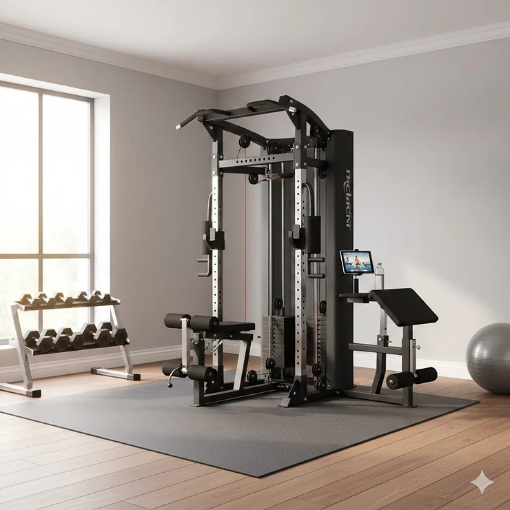 A modern home fitness room featuring the best all in one home gym with a weight stack and cable pulley system.