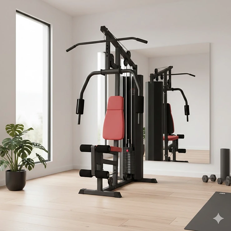 A professional all-in-one home gym weight machine featuring a pulley system and weight stack in a modern room.