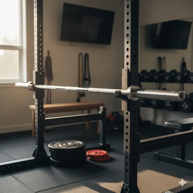 A high-quality multi-purpose barbell resting on a squat rack in a modern home gym setup.