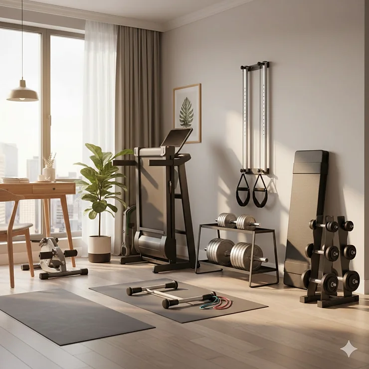 A comprehensive setup of compact home gym equipment integrated into a small modern living room apartment.