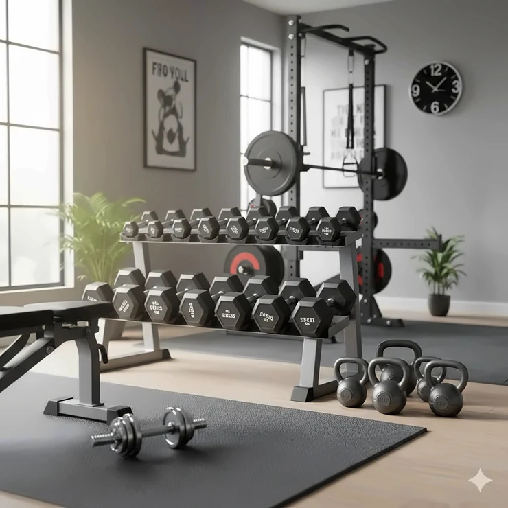 A modern home gym setup featuring a variety of free weights including dumbbells, kettlebells, and a barbell on a weight rack. free weights for home gym