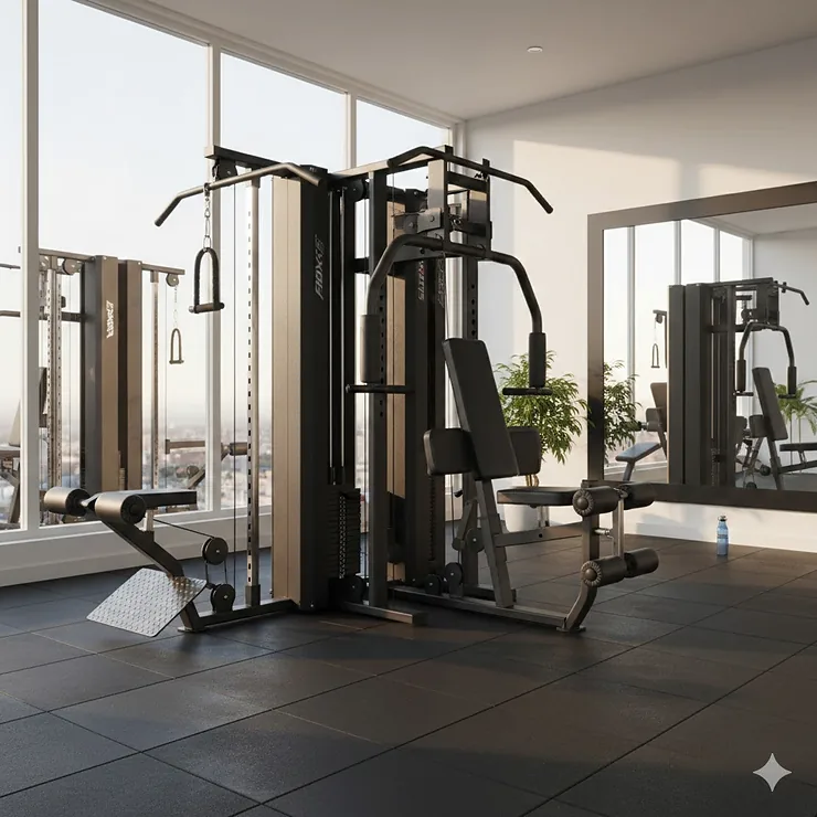 A premium multi station home gym with integrated weight stacks and pulley systems in a modern home workout room.