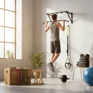 A complete home gym setup featuring essential bodyweight fitness equipment like a mounted pull-up bar, a set of resistance bands, and wooden parallettes for effective strength training.