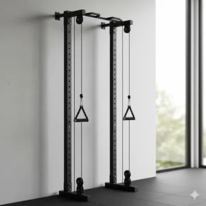 Dual-handle wall mounted fitness equipment featuring a high/low cable pulley system for resistance training in a small area.