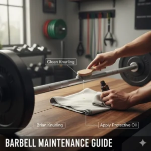Illustration of proper barbell maintenance using a brush and oil to prevent rust in a garage gym.