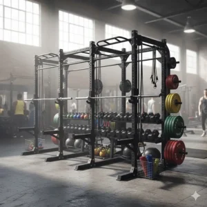A large, commercial multi-station fitness equipment rack holding various workout accessories for group fitness.