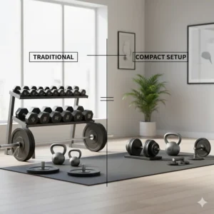 Comparison of traditional vs. compact free weights for home gym users with limited square footage.