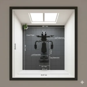 A floor plan illustration showing the space-saving dimensions of a compact multi station home gym in a small room.