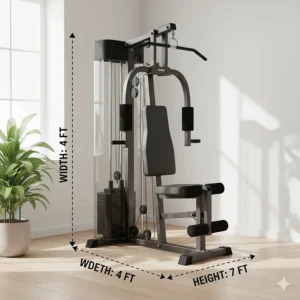 Diagram showing the small footprint and dimensions of a compact weight stack home gym for small spaces.