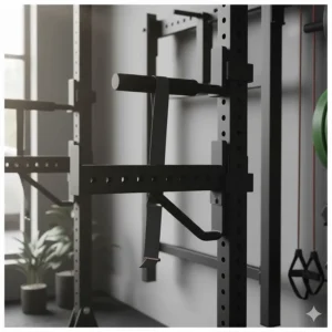 Removable dip bar attachment component being locked into the uprights of a modular wall mounted fitness equipment rack.