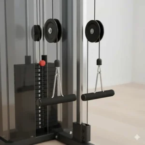 Close-up illustration of a dual cable pulley system on a weight stack machine for versatile strength training.