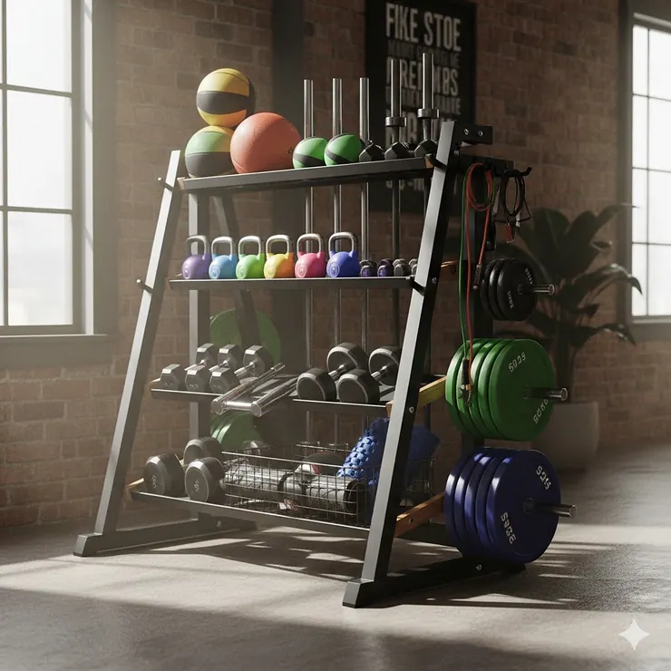 Fitness equipment rack with organized weights, medicine balls, and resistance bands in a home gym.