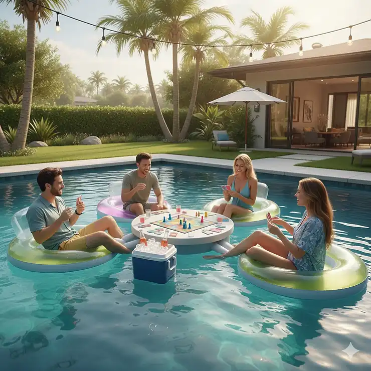 Guests relaxing on floaties and playing a board game on a floating table, showing a chill pool party game idea. pool party games
