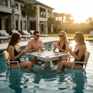 A close-up shot of a floating waterproof poker table with four adults enjoying a game of cards while relaxing in the pool.