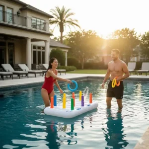 A floating ring toss game set with colorful rings, being played by two adults competing to score points.
