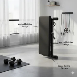 Illustration of a foldable home gym bench being stored vertically to save space in a small apartment.