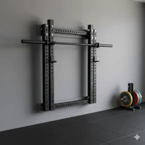 Heavy-duty wall mounted fitness equipment showing a folding squat rack secured to the wall in the upright, collapsed position to save floor space.