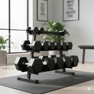 An A-frame storage rack organizing different dumbbells to maximize space for free weights in a home gym.