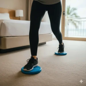 A pair of bright blue gliding discs being used on a carpeted hotel floor for a core strengthening exercise, a great piece of travel fitness equipment.