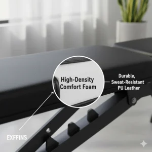 Close-up illustration of high-density foam padding and sweat-resistant leather on a home workout bench.