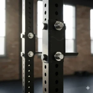 Close-up of heavy-duty fitness equipment rack construction showing welded steel frames and secure bolted connections.