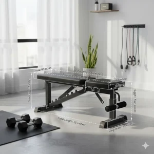 Technical drawing showing the length, width, and height specifications of a compact home gym bench.