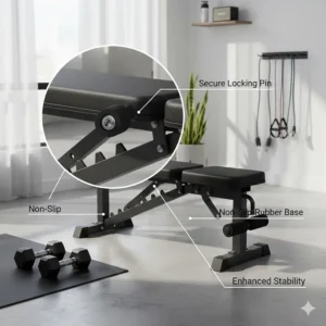 Detail view of the secure locking pin mechanism and non-slip rubber feet for home gym bench stability.