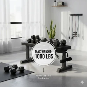 Illustration showing the heavy-duty steel frame and maximum weight capacity of a home gym bench.