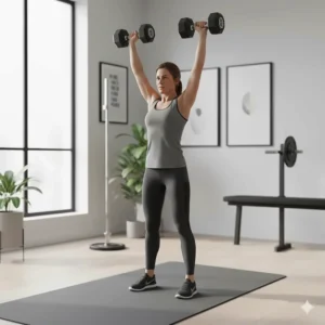 A person performing an overhead press using free weights in a well-lit home gym environment.
