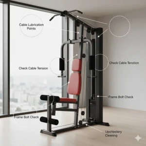 Infographic highlighting the key lubrication points and cable tension spots on a home gym weight machine.