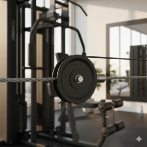 Technical illustration of the heavy-duty steel cables and nylon pulleys used in a multi station home gym.