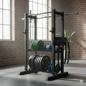 A complete home gym storage rack solution featuring dedicated slots for barbells, weight plates, and lifting belts.