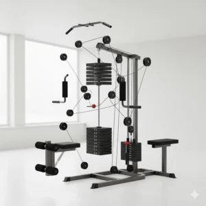 Exploded view illustration showing the internal cables, rods, and plates of a home gym weight stack.